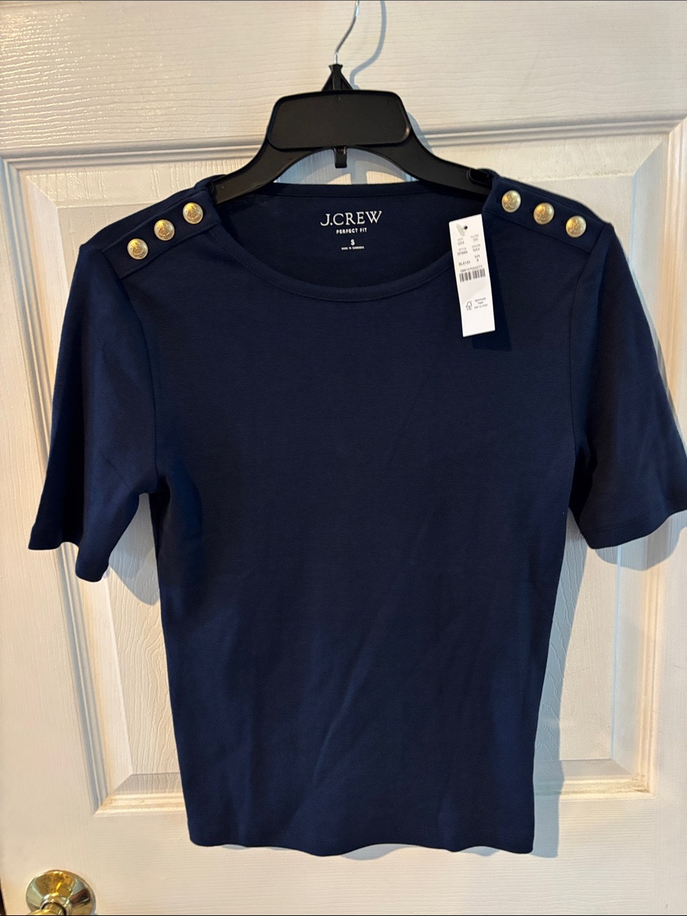 J.Crew Navy Short Sleeve Tee with Gold Shoulder Buttons